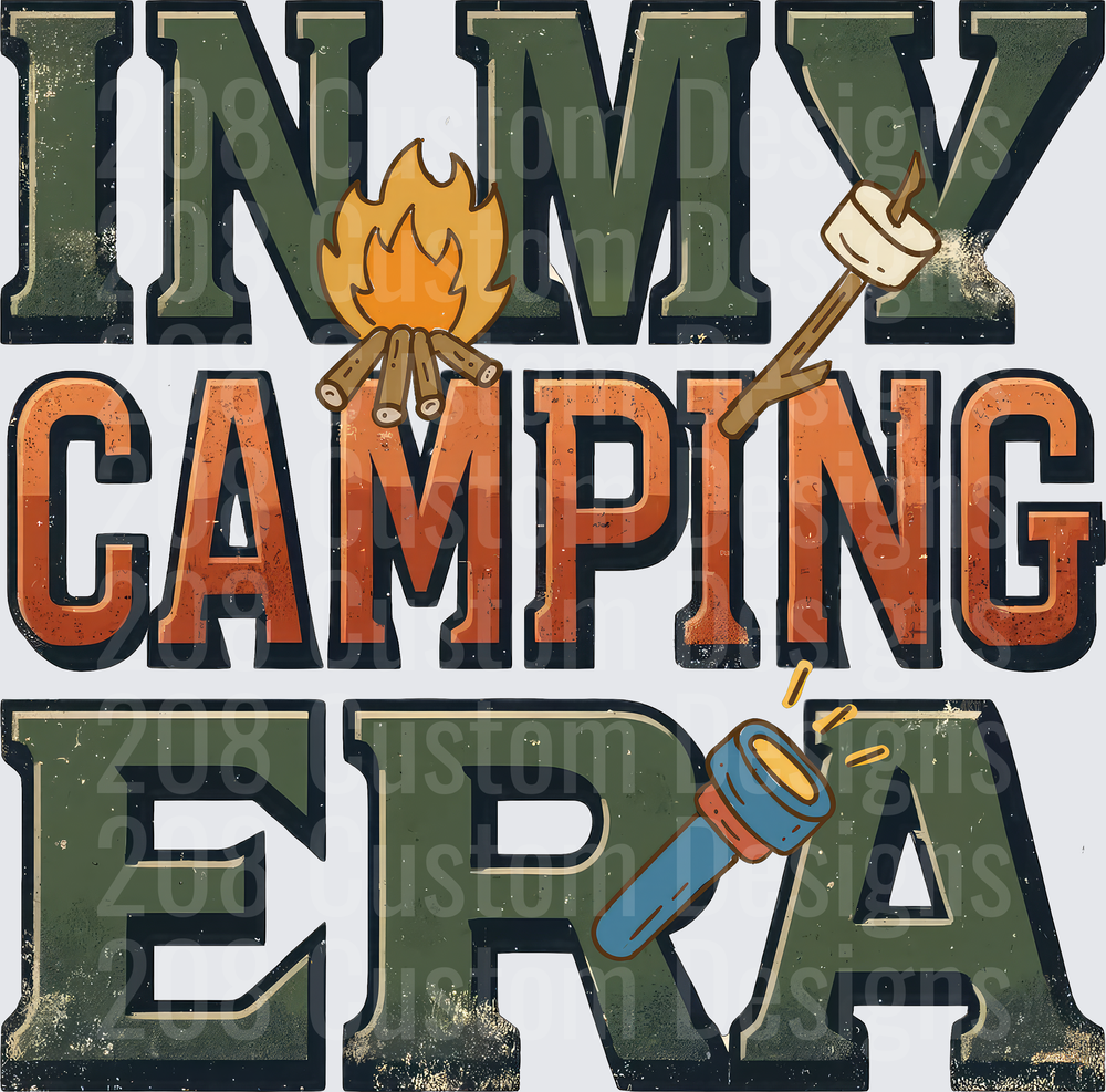 In My Camping Era Vintage Distressed Text with Campfire and Flashlight