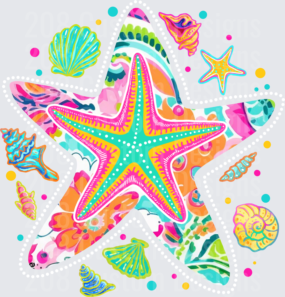 Colorful Starfish with Seashells and Ocean Life Pattern