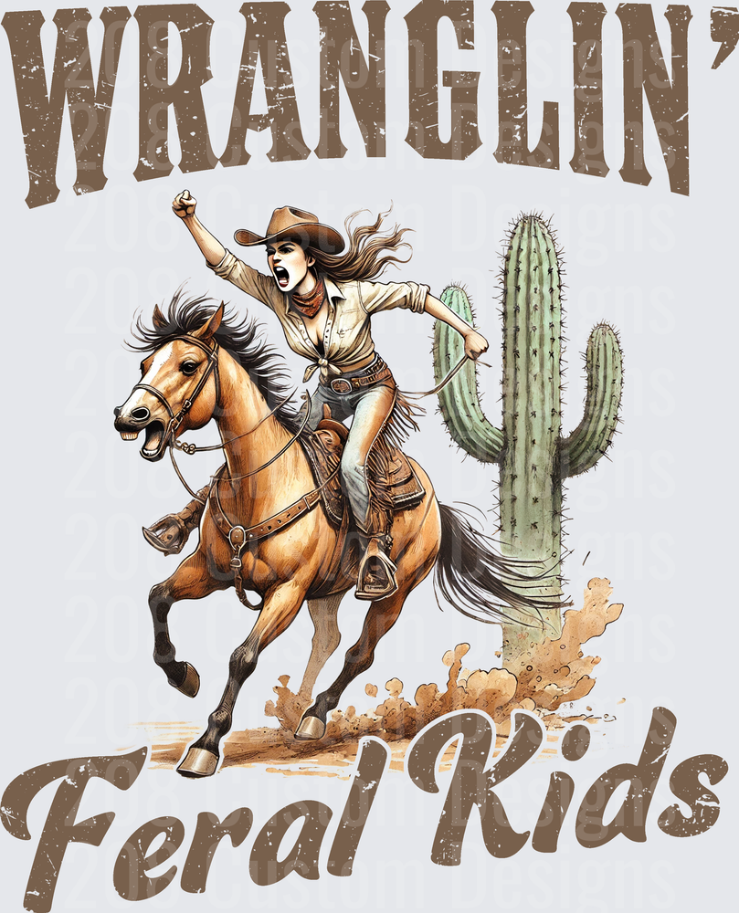 Wranglin' Feral Kids Cowgirl on Horse with Cactus Desert Scene