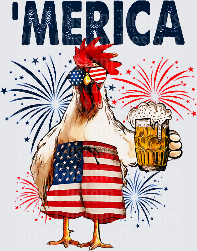 MERICA Patriotic Rooster Holding Beer with Flag Shorts and Fireworks