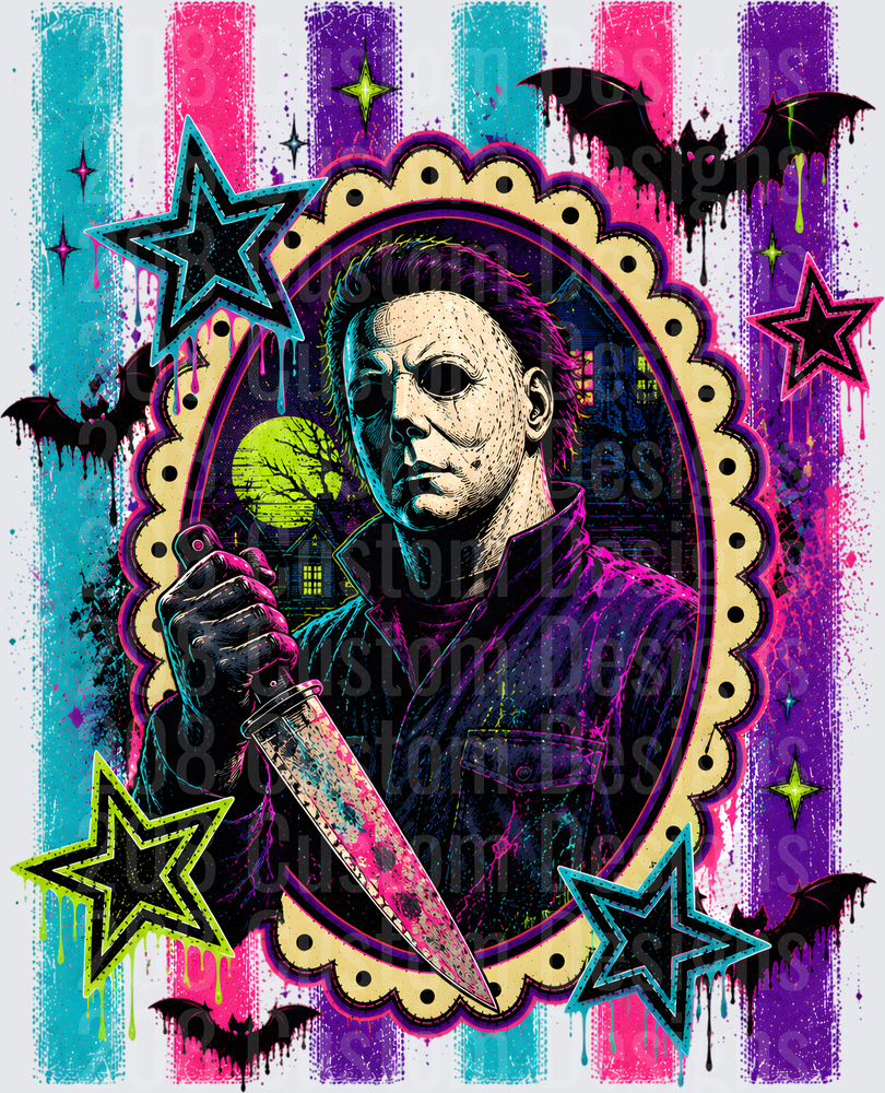 Neon Pop Art Halloween Killer Knife Bats Stars