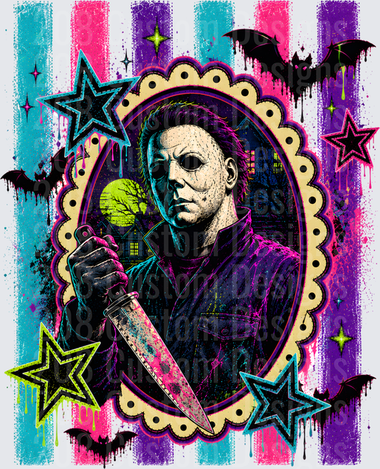Neon Pop Art Halloween Killer Knife Bats Stars