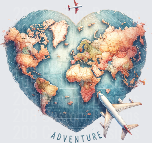 Heart-Shaped World Map with Airplanes Adventure Travel Design