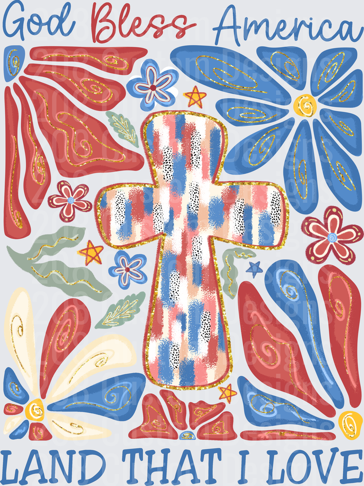 God Bless America Land That I Love Patriotic Cross with Red White Blue Floral Design