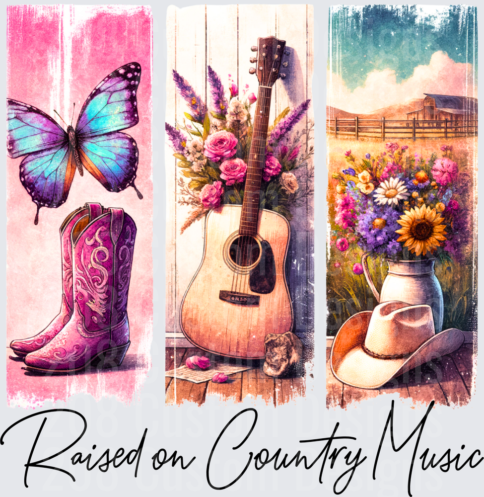 Country Western Watercolor Triptych with Butterfly Boots Guitar and Wildflowers