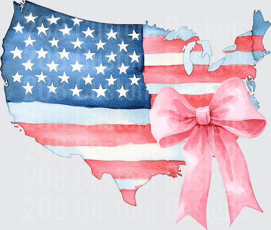 Watercolor American Flag USA Map with Pink Ribbon Bow