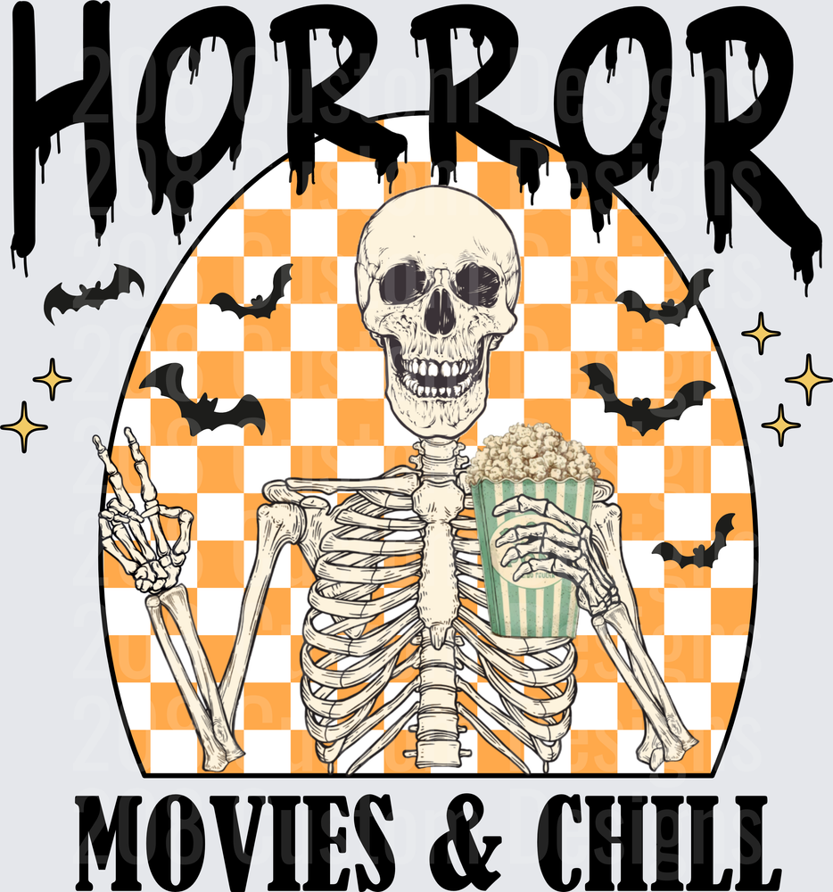 Horror Movies & Chill Skeleton Holding Popcorn with Bats