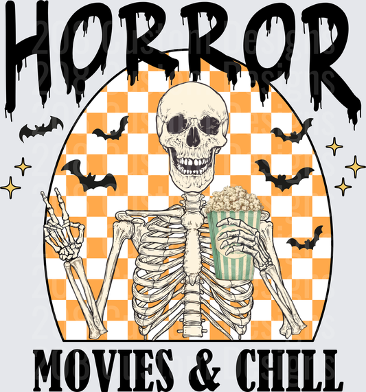 Horror Movies & Chill Skeleton Holding Popcorn with Bats