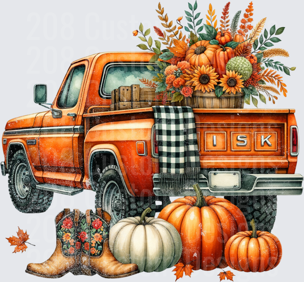 Orange Vintage Pickup Truck with Fall Pumpkins Sunflowers and Cowboy Boots