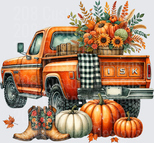 Orange Vintage Pickup Truck with Fall Pumpkins Sunflowers and Cowboy Boots