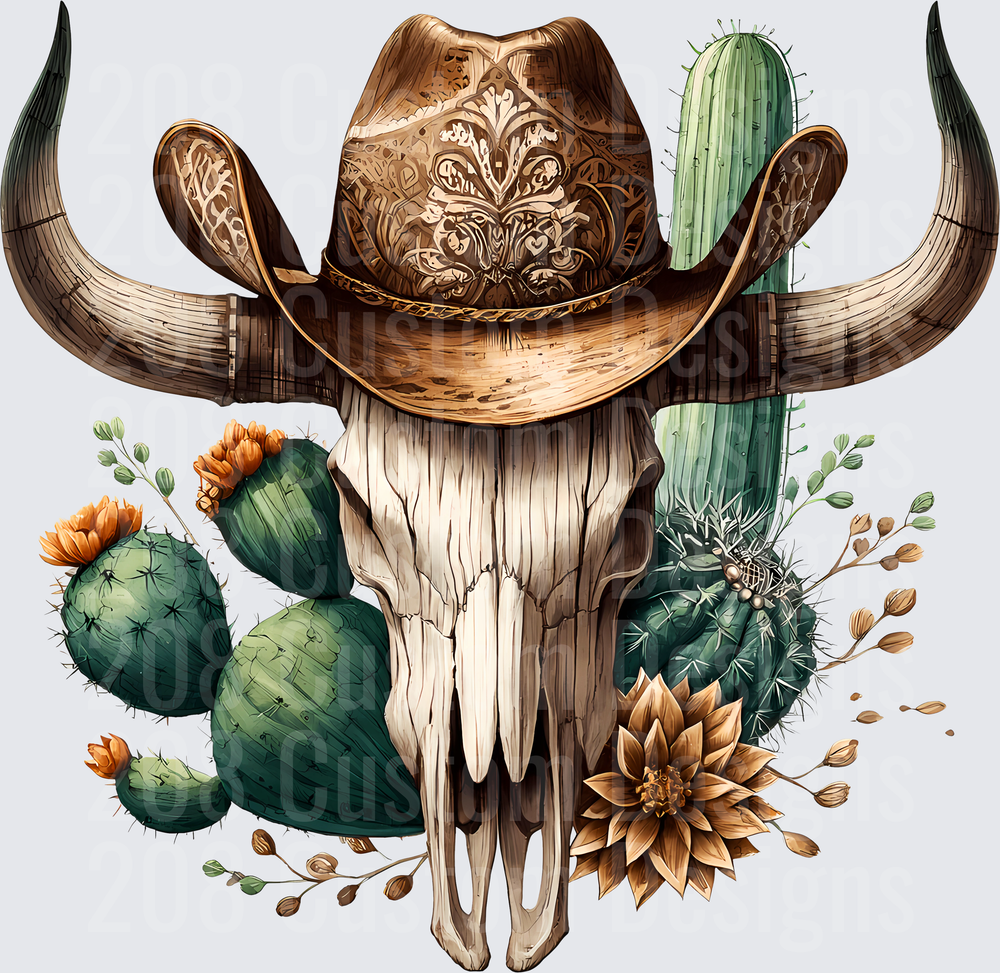 Western Bull Skull with Ornate Cowboy Hat and Desert Cacti