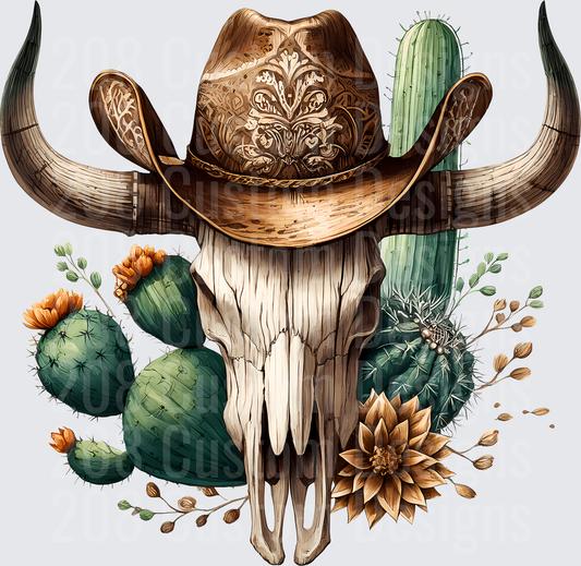 Western Bull Skull with Ornate Cowboy Hat and Desert Cacti
