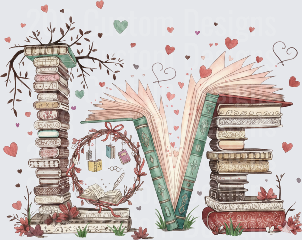 LOVE Spelled with Stacked Books and Hearts