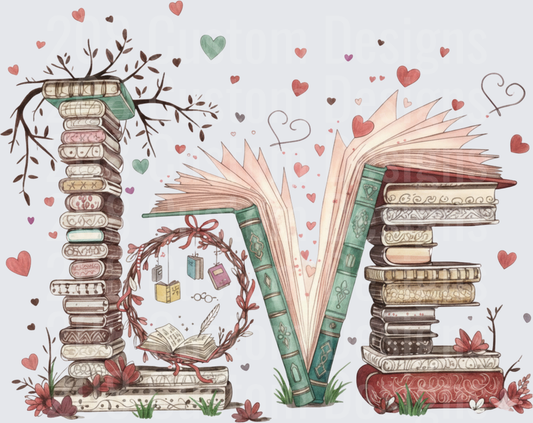 LOVE Spelled with Stacked Books and Hearts