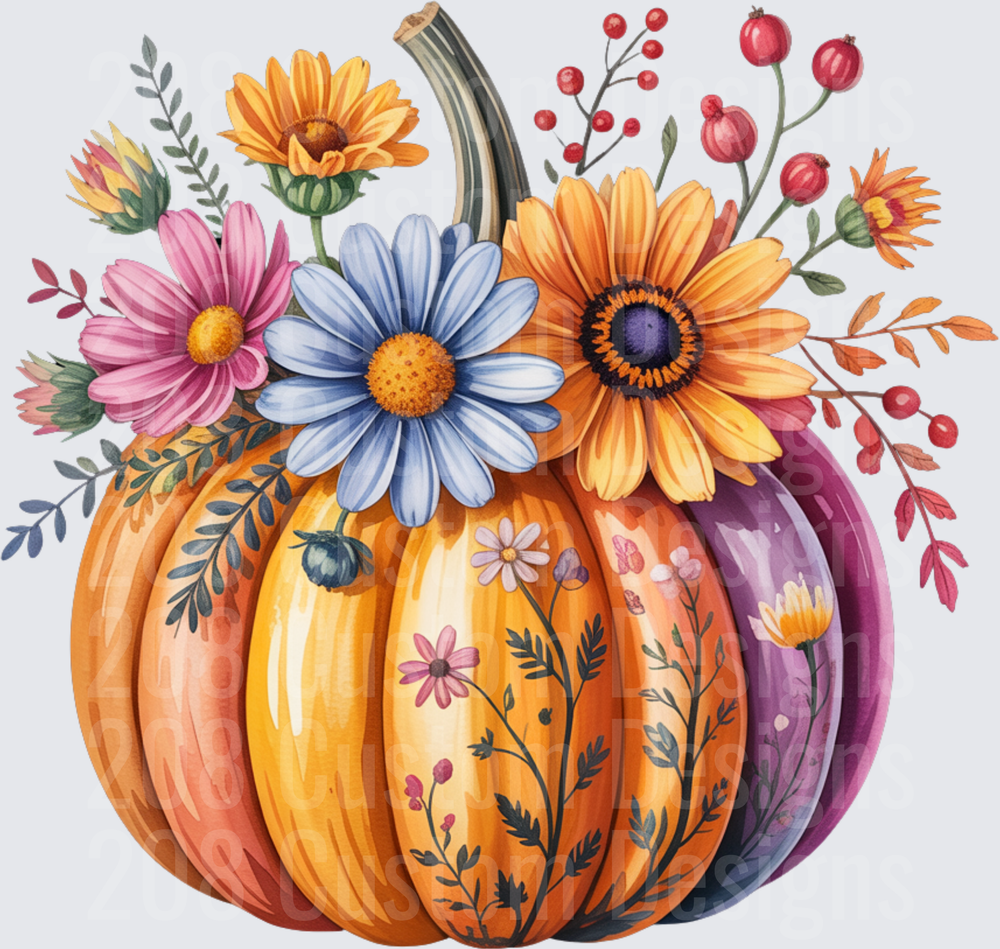 Watercolor Pumpkin with Floral Bouquet and Berries