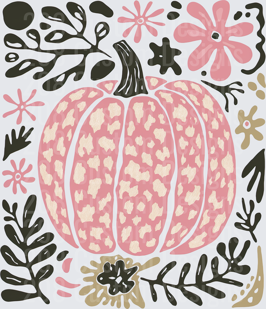 Pink Leopard Print Pumpkin with Fall Floral Elements