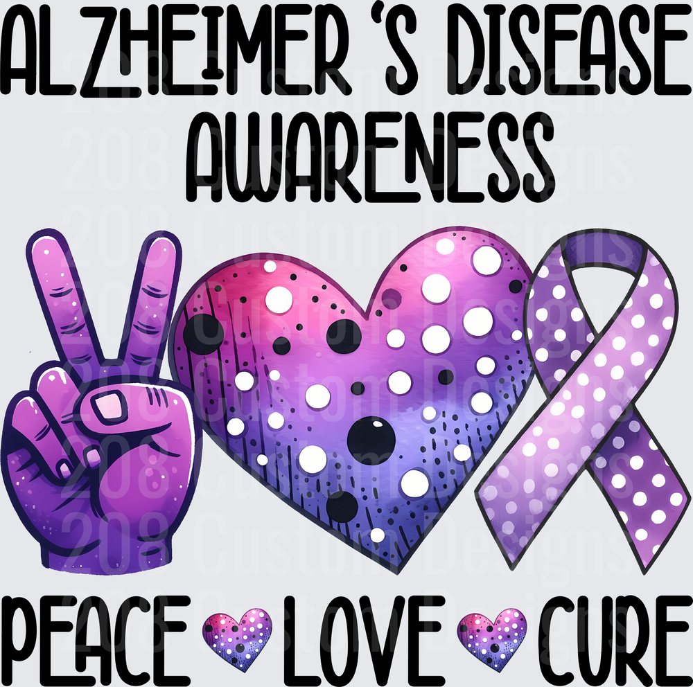Alzheimer's Disease Awareness Peace Love Cure Purple Ribbon