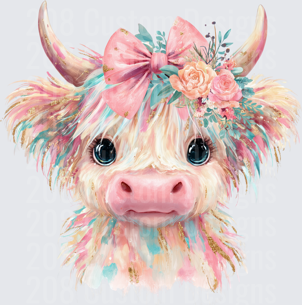 Fluffy Highland Cow with Pink Bow and Watercolor Flowers