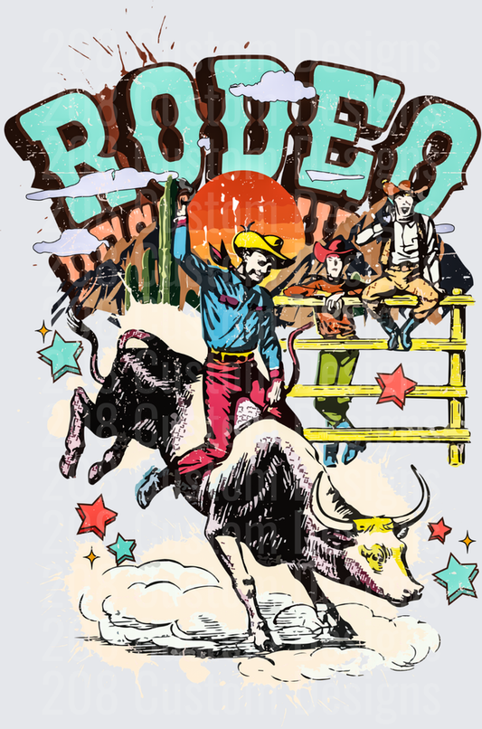Vintage Rodeo Bull Rider with Western Cowboys and Stars
