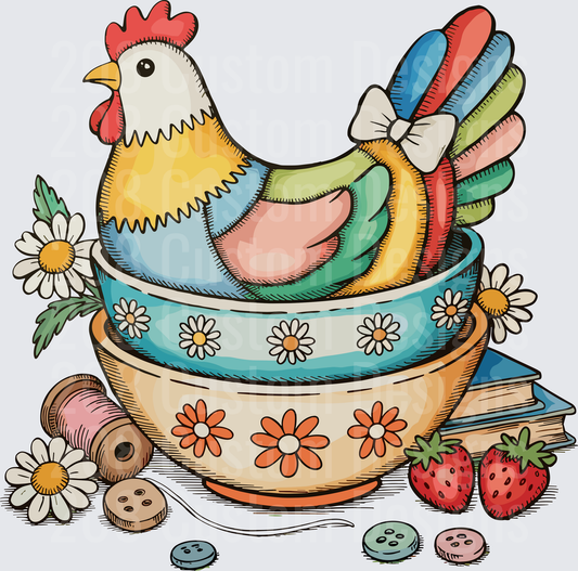 Colorful Patchwork Chicken in Floral Mixing Bowls with Strawberries and Daisies