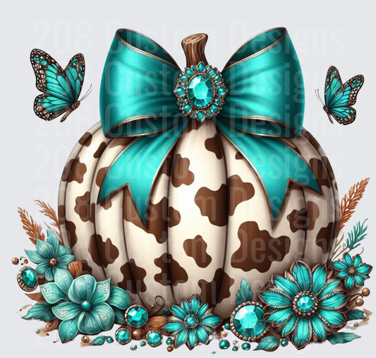 Cow Print Pumpkin with Teal Bow and Butterflies Fall Design