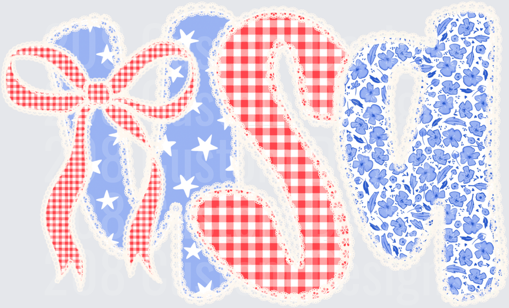 USA Patriotic Red White Blue Gingham Stars Floral Pattern