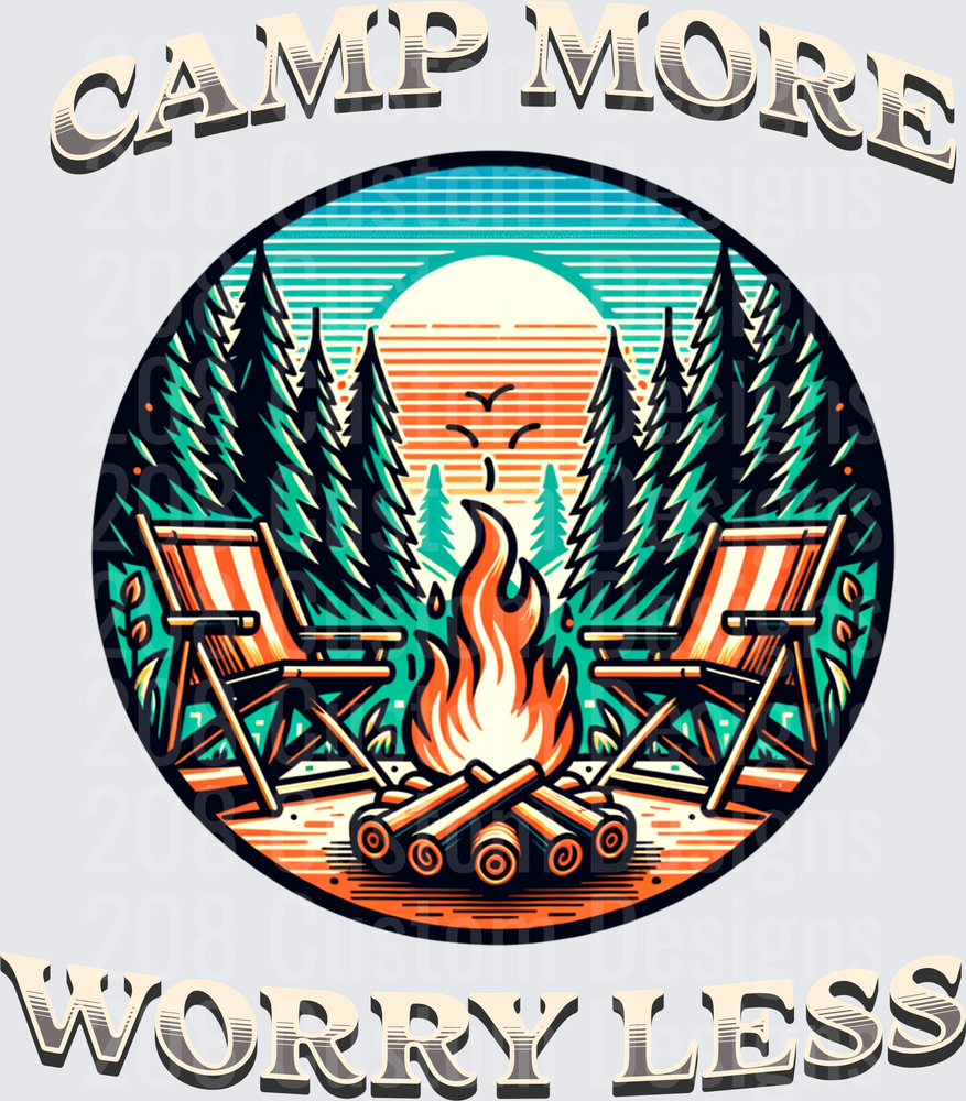 Camp More Worry Less Retro Campfire Scene with Chairs and Pine Trees