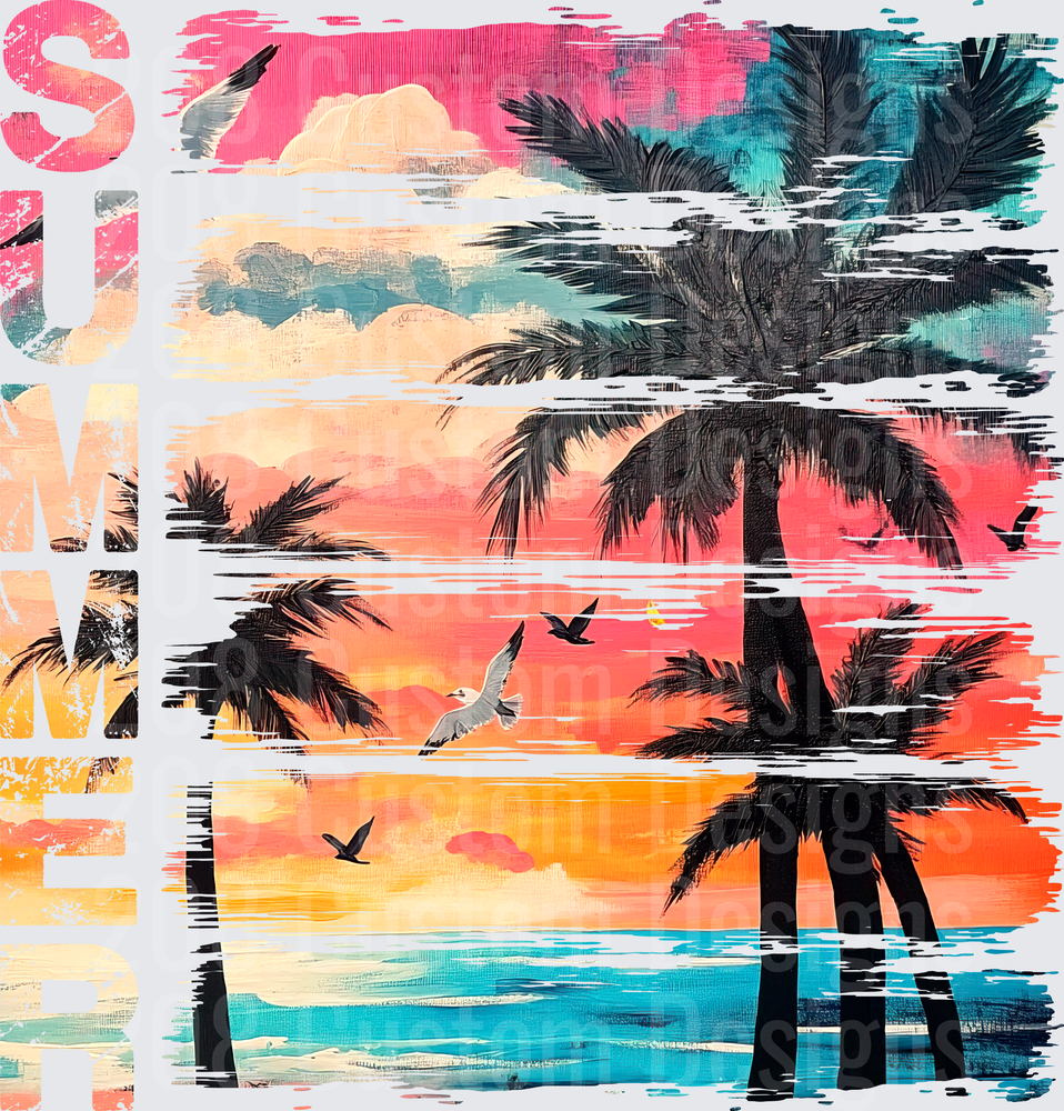 Summer Beach Sunset Palm Trees Seagulls Tropical Paradise Scene