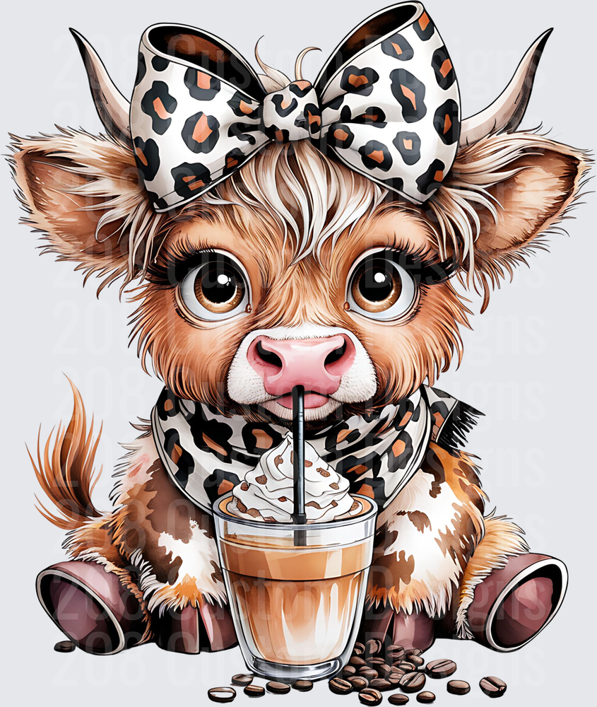 Adorable Highland Cow with Leopard Bow Drinking Iced Coffee