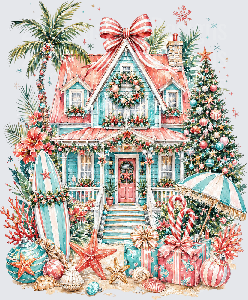 Tropical Christmas Beach House with Palm Trees and Starfish