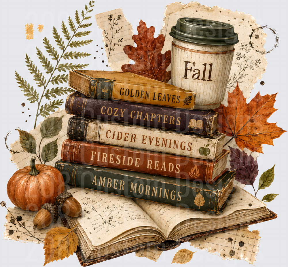 Cozy Fall Book Stack with Coffee and Autumn Leaves