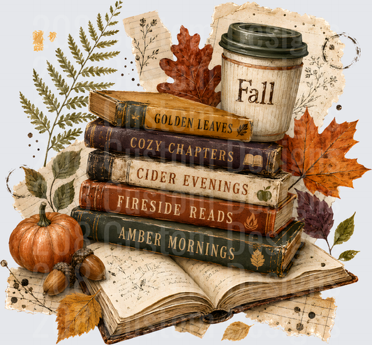 Cozy Fall Book Stack with Coffee and Autumn Leaves