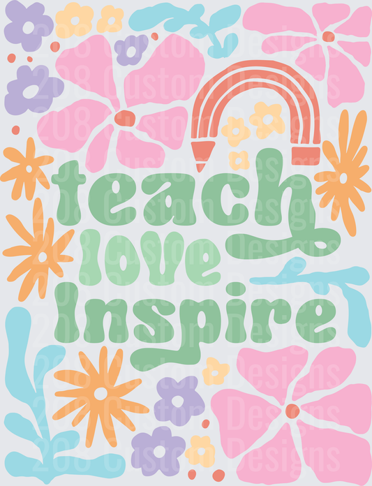 Teach Love Inspire Retro Groovy Floral Rainbow Teacher