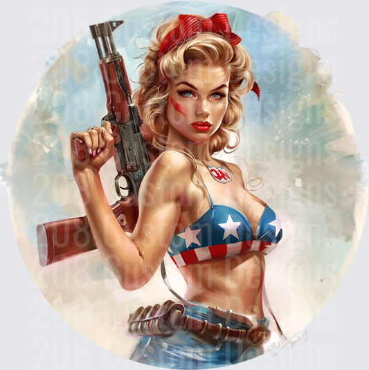 Pin-Up Girl with Red Hair Bow Holding Rifle in Patriotic Bikini