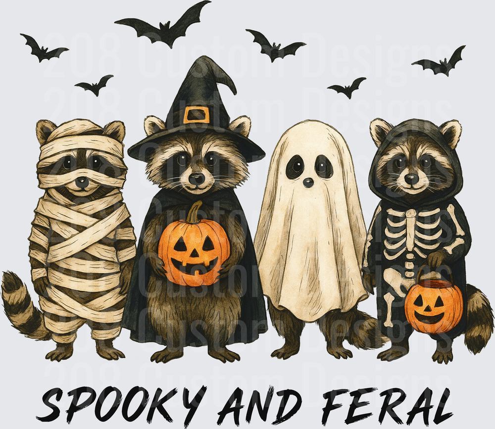 Spooky And Feral Halloween Raccoons In Costumes With Bats