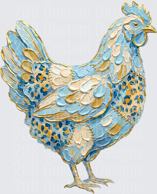 Blue and Gold Textured Hen with Leopard Print Feather Accents