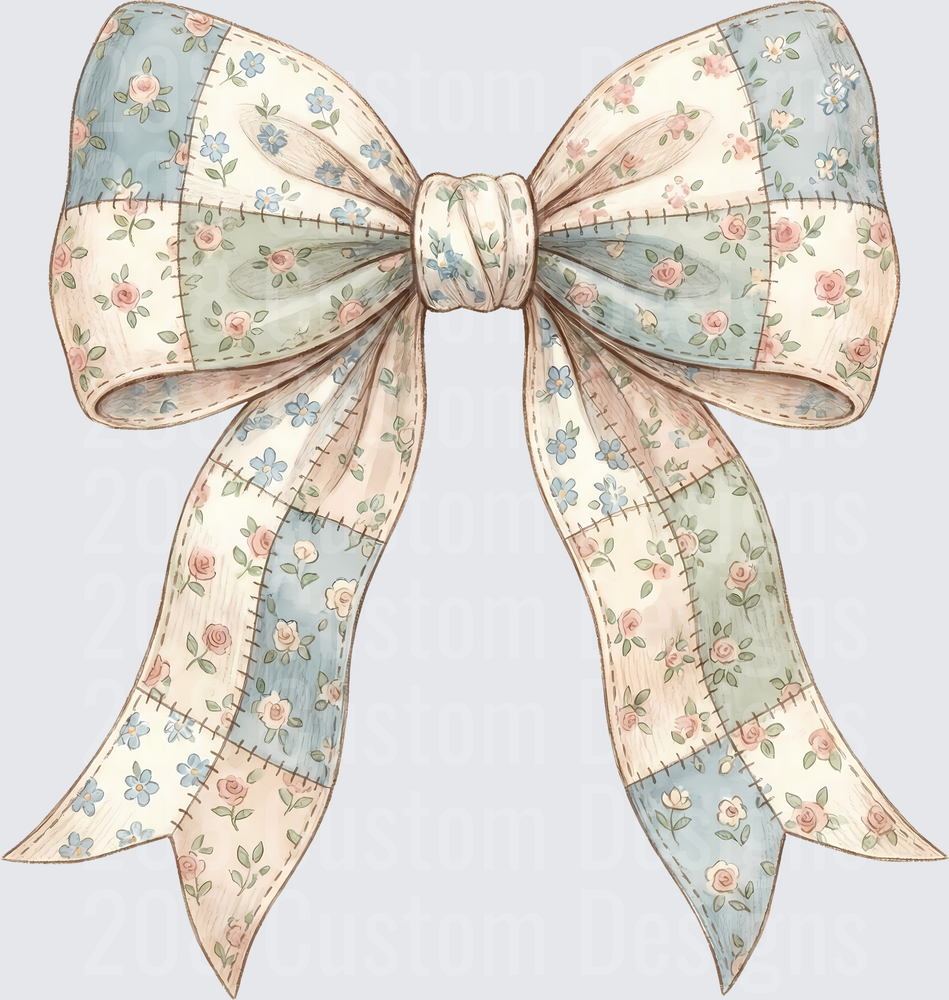 Vintage Patchwork Bow with Pink Roses and Blue Flowers