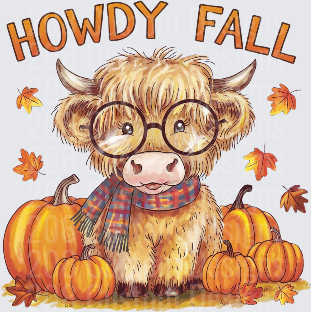 Howdy Fall Highland Cow with Glasses Scarf and Pumpkins