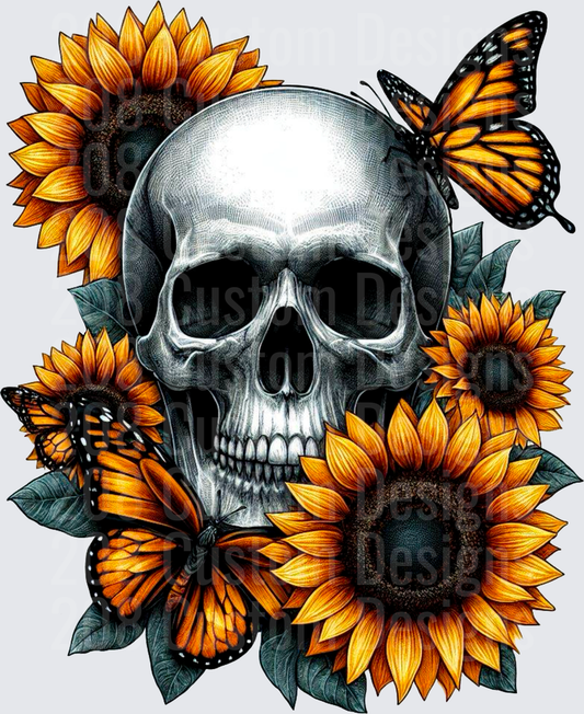 Skull with Sunflowers and Monarch Butterflies Gothic Floral