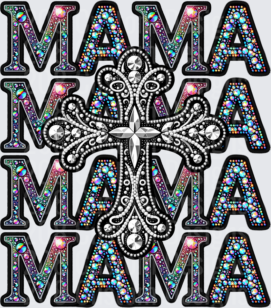 Rhinestone Mama Repeating Pattern with Ornate Cross Center