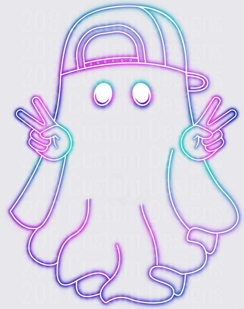 Neon Glow Ghost Wearing Snapback Cap Throwing Peace Signs
