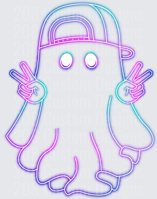 Neon Glow Ghost Wearing Snapback Cap Throwing Peace Signs