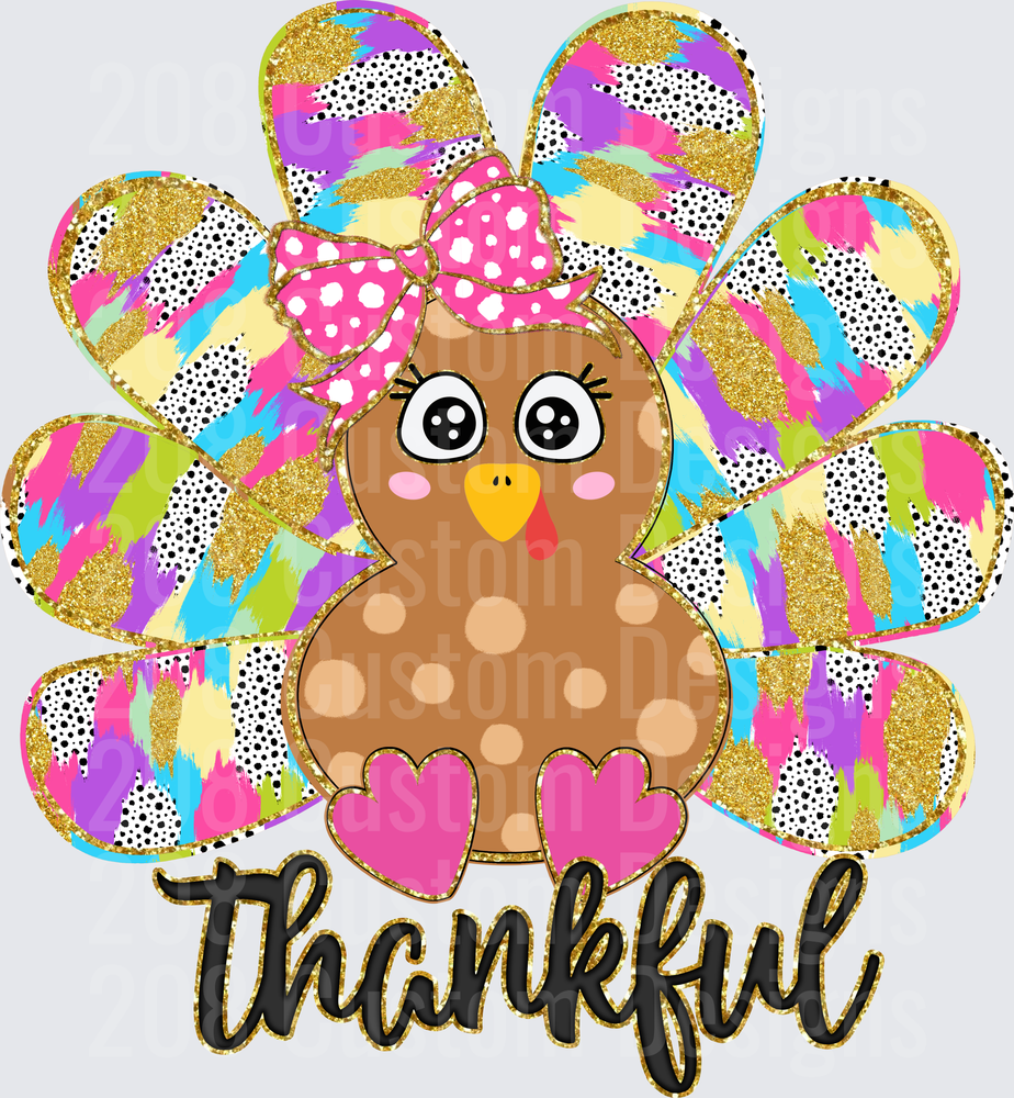 Thankful Cute Girl Turkey Pink Bow Colorful Feathers
