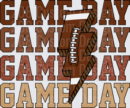 Game Day Football Lightning Bolt Stacked Glitter Text