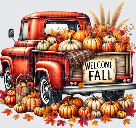 Vintage Red Pickup Truck Welcome Fall Pumpkin Harvest Scene