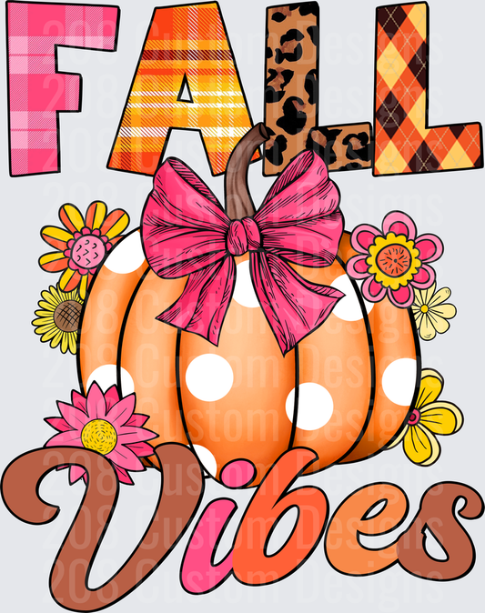 Fall Vibes Polka Dot Pumpkin with Pink Bow and Flowers
