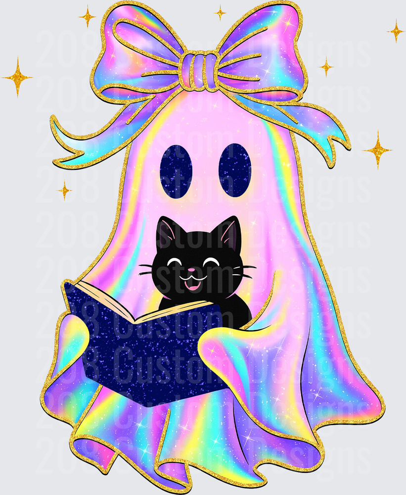 Holographic Rainbow Ghost With Bow Black Cat Reading Book