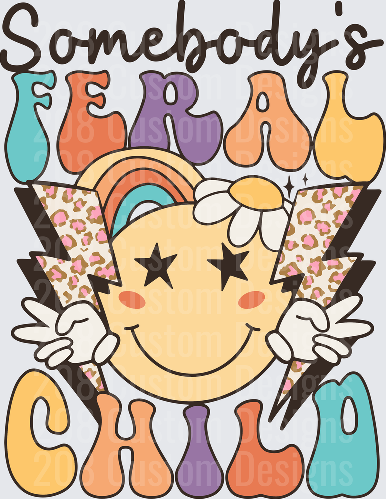 Somebody's Feral Child Retro Rainbow Smiley Face with Lightning Bolts