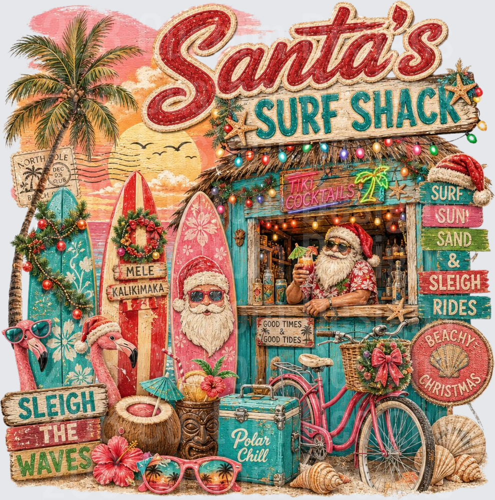 Santa's Surf Shack Tropical Beach Christmas Tiki Bar Scene