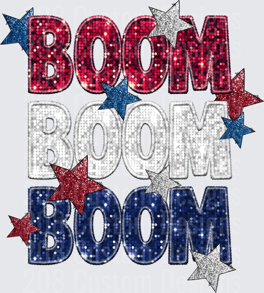 BOOM BOOM BOOM Patriotic Sequin Text with Red White Blue Stars